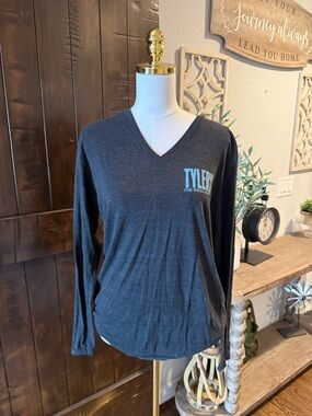 American Apparel Charcoal V-Neck Long Sleeve Tee with Light Blue Logo